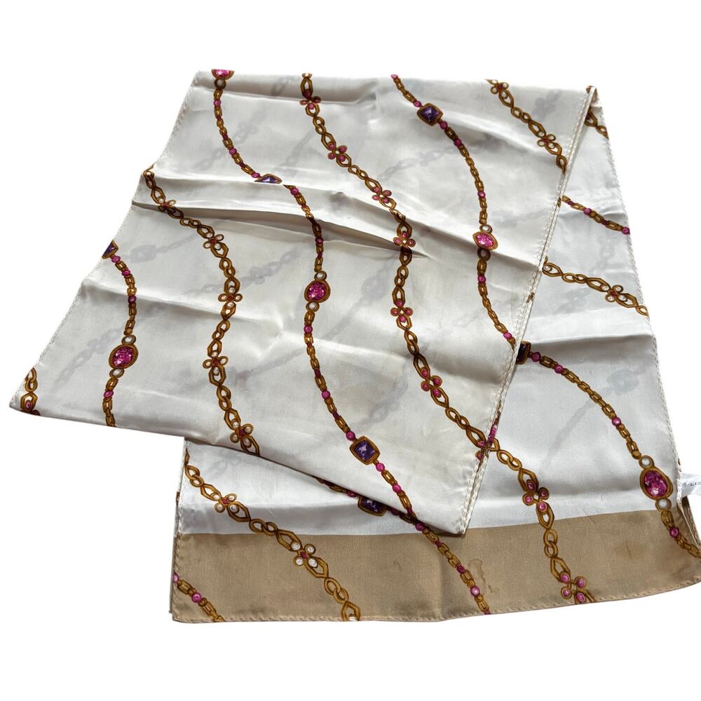 Vintage Liz Claiborne silk scarf 11 x 56 cream gold chain gems tag & logo